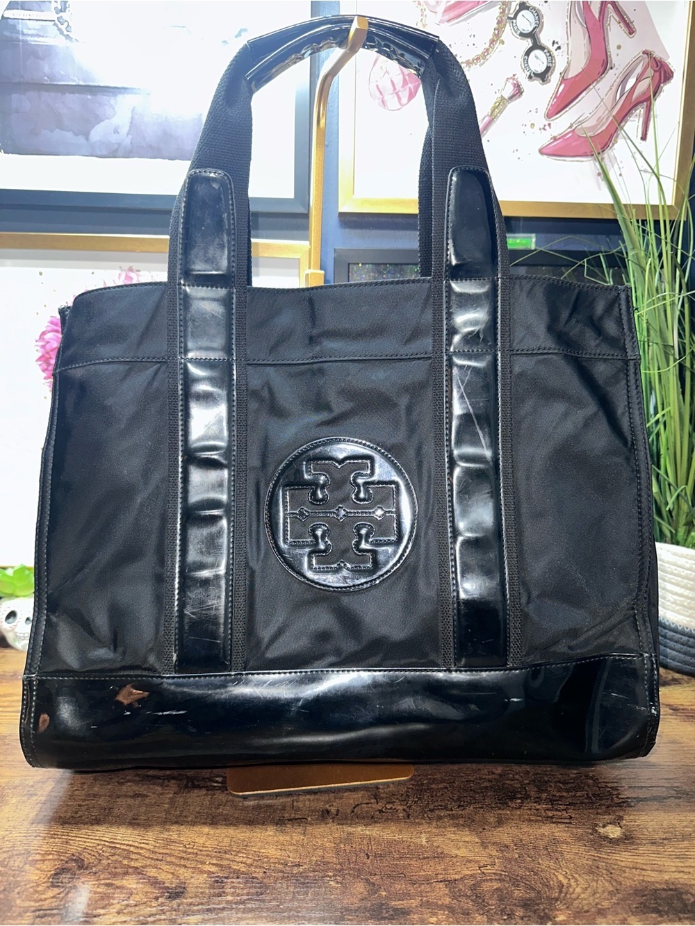 Tory Burch Ella Black Nylon Patent Trim Tote